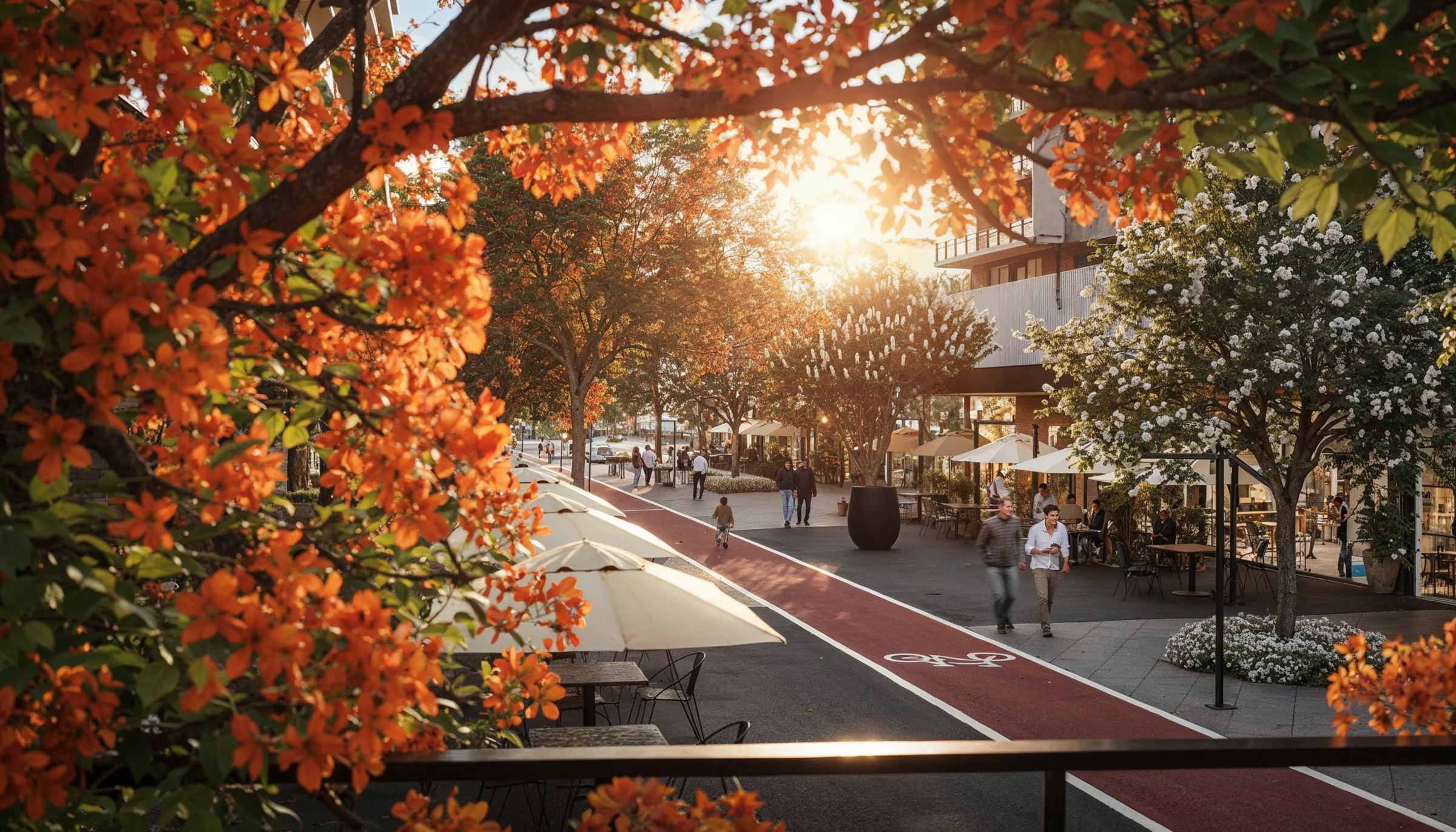 Boulevard arborizado do AL'DORA Towns na hora dourada